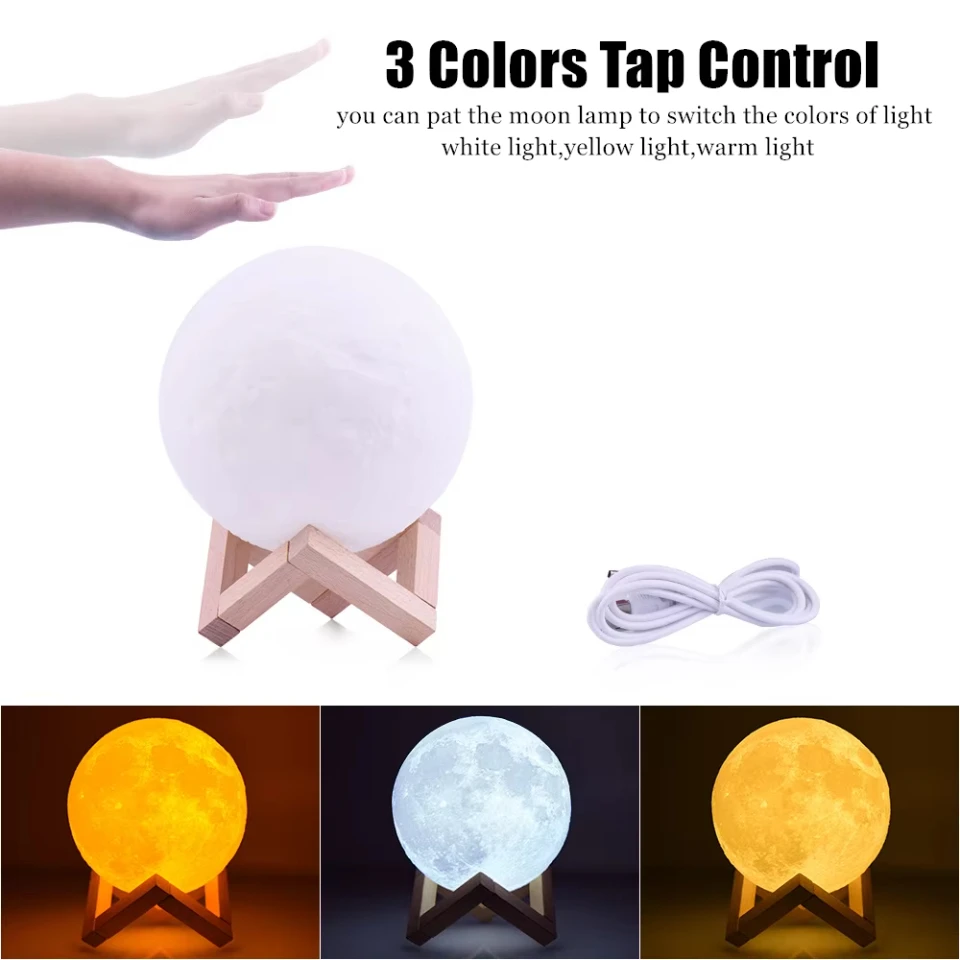 3D Print Moon Lamp Battery LED Night Light Warm Color Moon Lamp Children's Night Lamp Bedroom Decoration Birthday Gifts USB Charging Pat Night Light Led Touch Dimmable Bedside Lamps