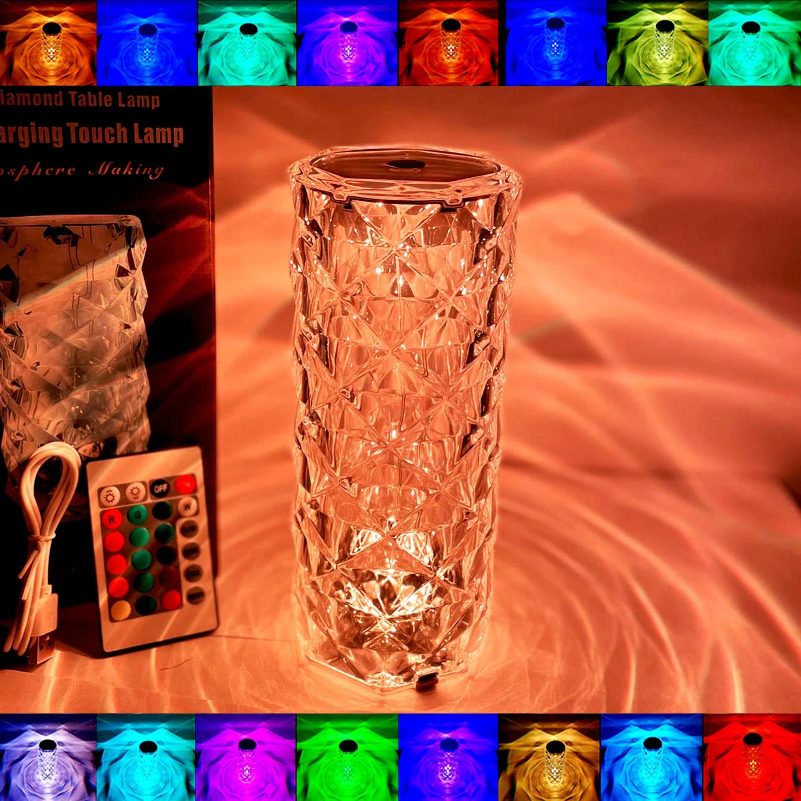 16 Color Crystal Rose Diamond Table Lamp Acrylic Table Lamp for Living Room Bedroom with Remote
